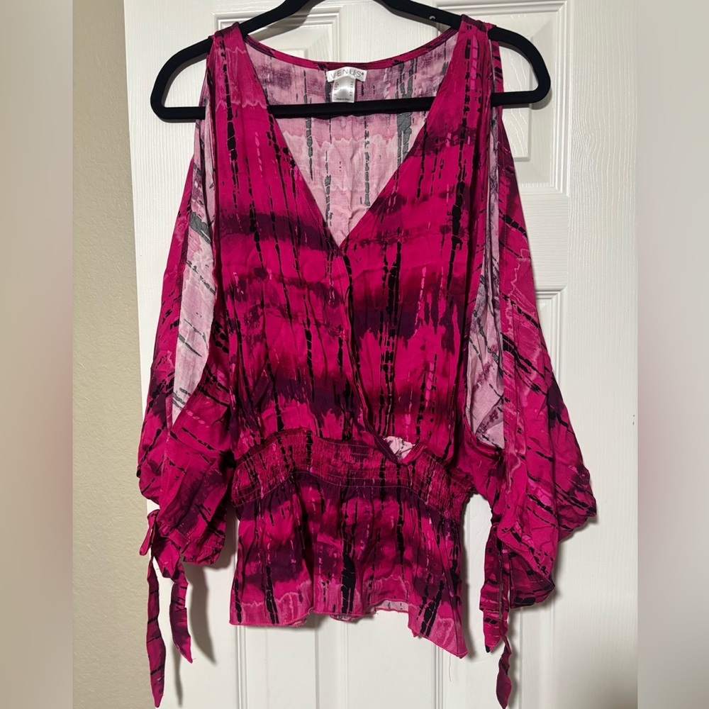 VENUS Pink and Black Wrap Front Split/Tie Sleeve Smocked Top